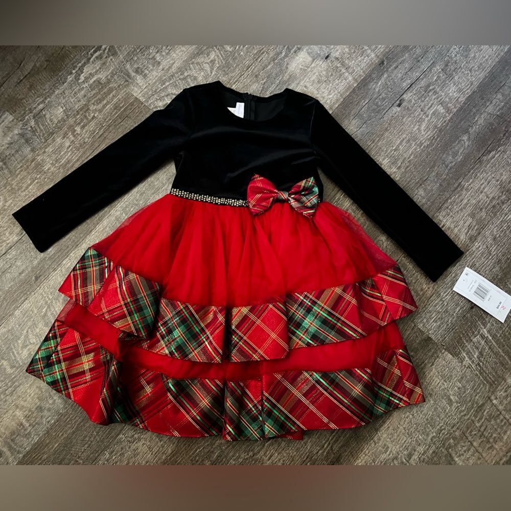 Bonnie Jean Long Sleeve Velvet to Tiered Plaid Dress-Size 5T